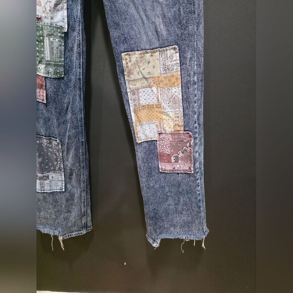 SO Super High Rise DAD Jeans Patchwork Raw Hem Acid Wash Sz 9/29W Junior Button - Picture 4 of 15